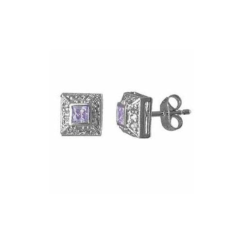 Sterling Silver Lavender Cubic Zirconia (CZ) and Created Diamond CZ border Square Post Earrings