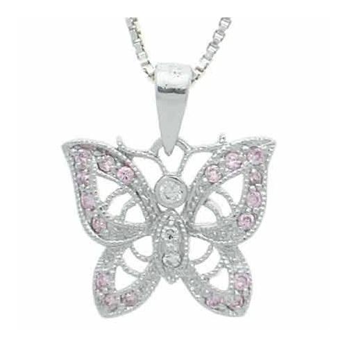 Sterling Silver Pink & Clear CZ Filigree Butterfly Pendant