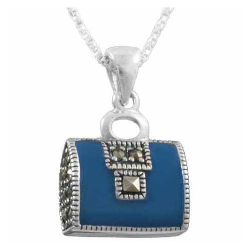Sterling Silver Marcasite & Blue Enamel Purse Pendant