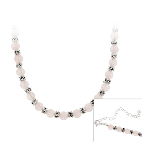 Rose Quartz Sterling Silver Bali Beaded Necklace