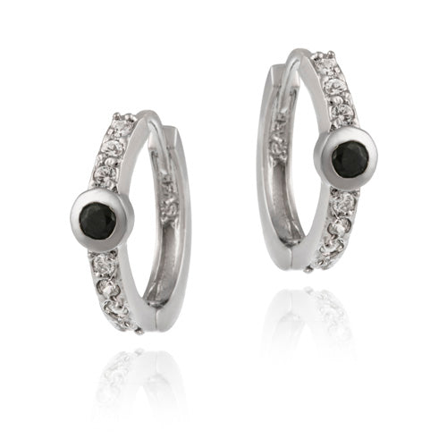 Sterling Silver Black Genuine Sapphire and Created Diamond CZ Hoop Earrings