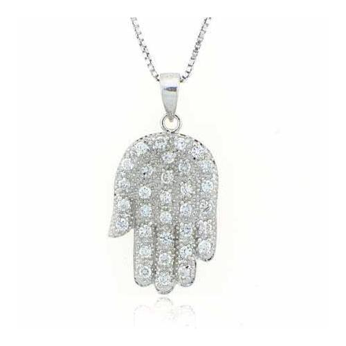 Sterling Silver Created Diamond CZ ~Hamsa~ Hand Pendant