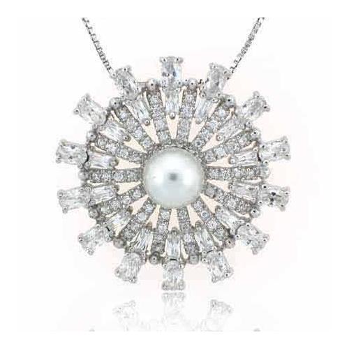 Sterling Silver Created Pearl & Cubic Zirconia Radiant Flower Pendant