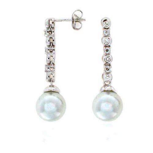 Sterling Silver Created Diamond CZ Glass Created Pearl Drop Earrings