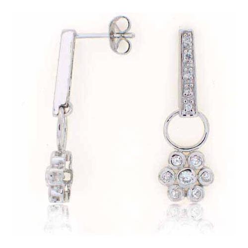 Sterling Silver Created Diamond CZ Bar and Flower Drop Earrings