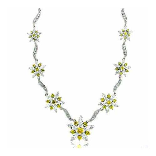Sterling Silver Yellow cz Flower and Created Diamond CZ Necklace
