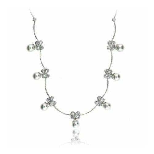 Celebrity Sterling Silver Created Diamond CZ  Created Pearl Bow Necklace