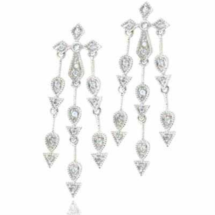 Sterling Silver Created Diamond CZ Three strand Cross Chandelier Earrings
