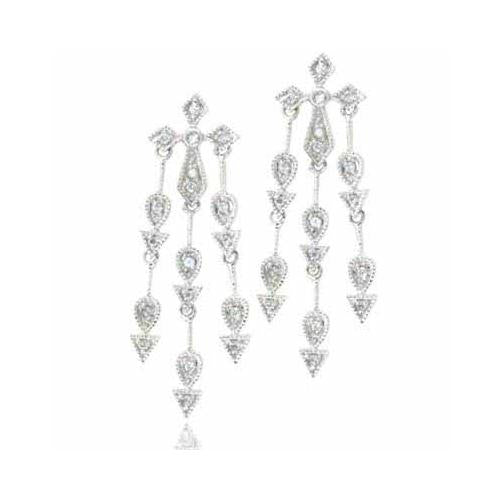 Sterling Silver Created Diamond CZ Three strand Cross Chandelier Earrings-2