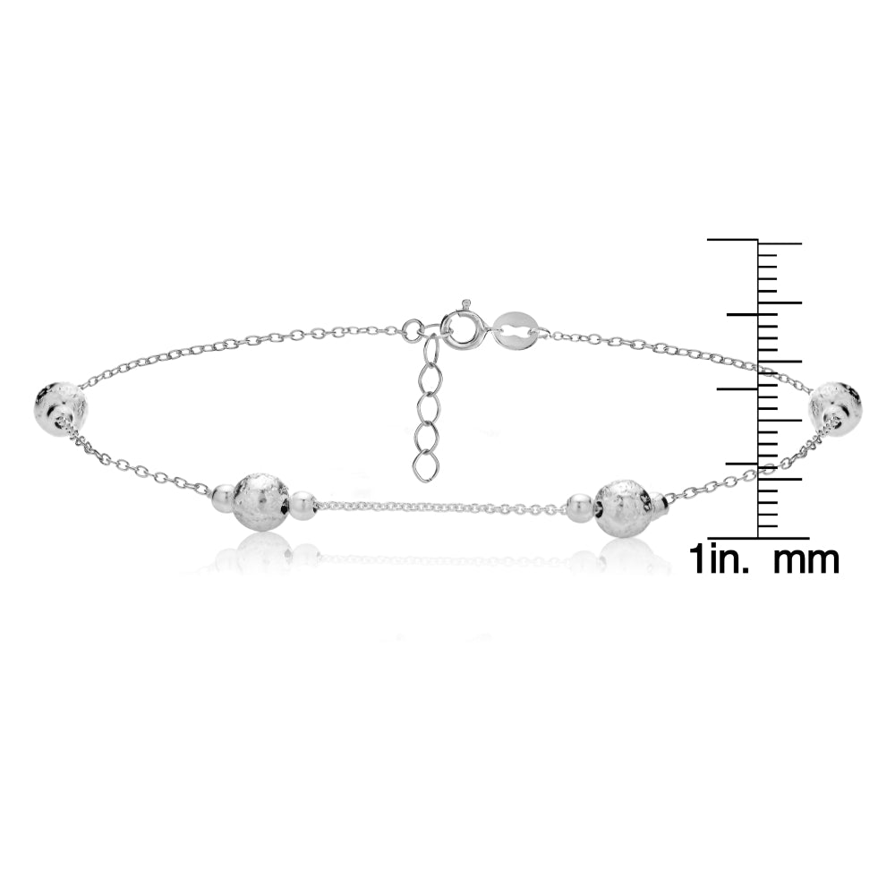 Sterling Silver Textured and Polished Round Beads Chain Anklet-3