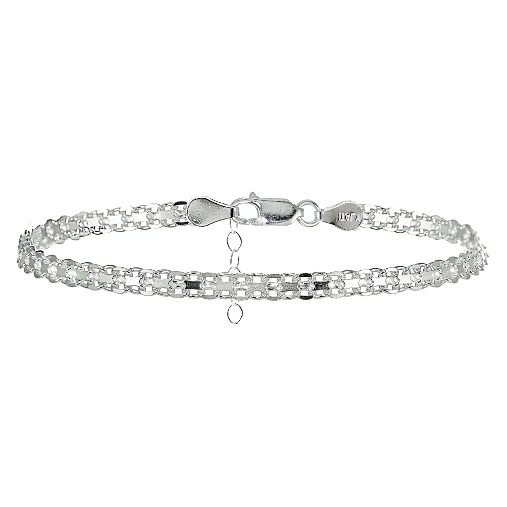 Sterling Silver Italian Polished Bismark Design Dainty Adjustable Chain Anklet