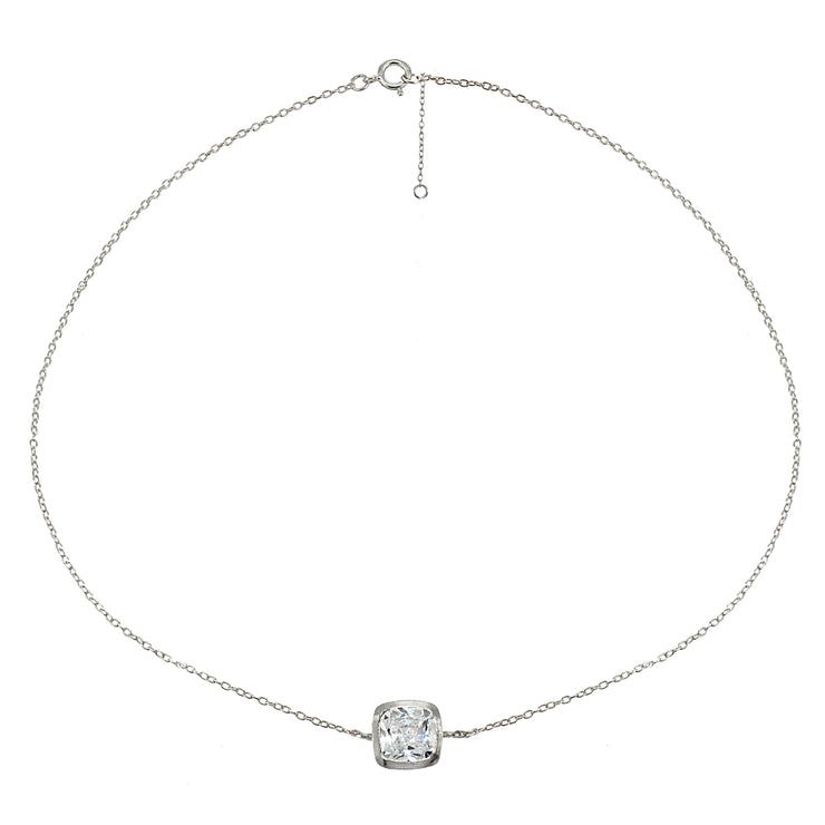 Sterling Silver Cubic Zirconia Cushion-cut Bezel-Set Chain Anklet