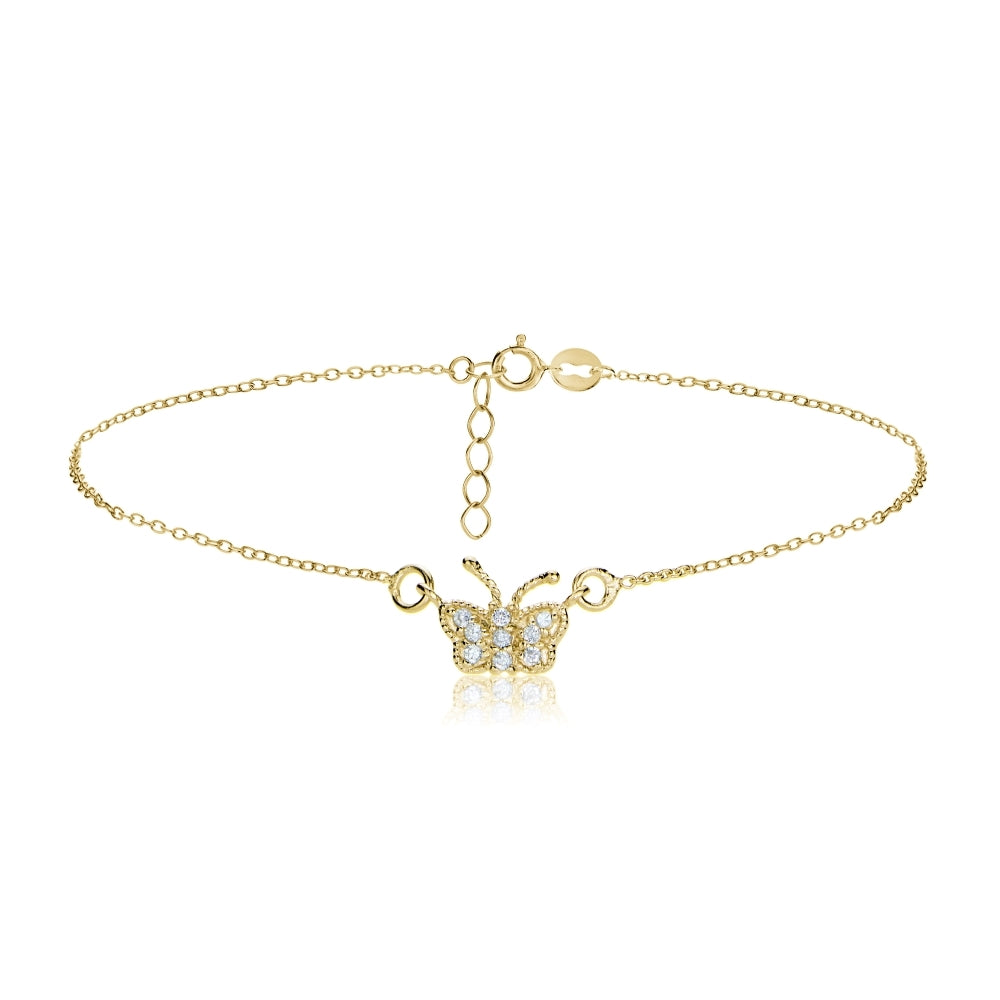 Gold Tone over Sterling Silver Cubic Zirconia Butterfly Chain Anklet
