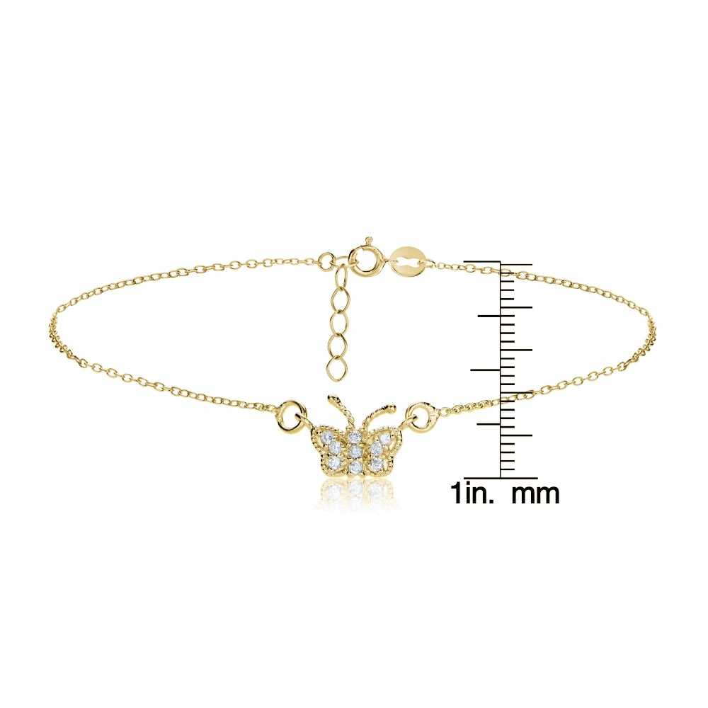 Gold Tone over Sterling Silver Cubic Zirconia Butterfly Chain Anklet-3