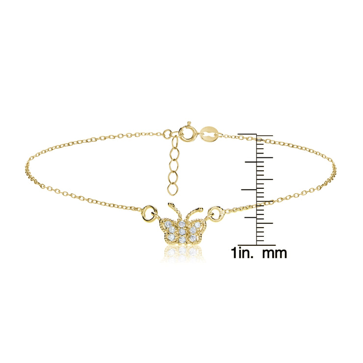 Gold Tone over Sterling Silver Cubic Zirconia Butterfly Chain Anklet
