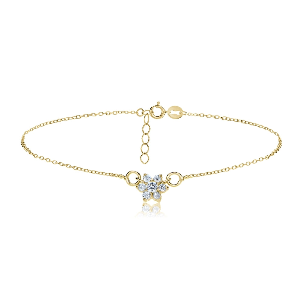 Gold Tone over Sterling Silver Cubic Zirconia Flower Chain Anklet