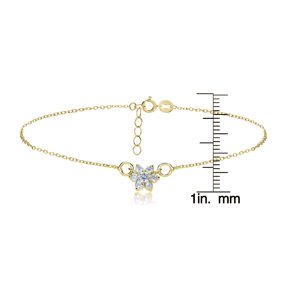 Gold Tone over Sterling Silver Cubic Zirconia Flower Chain Anklet-3