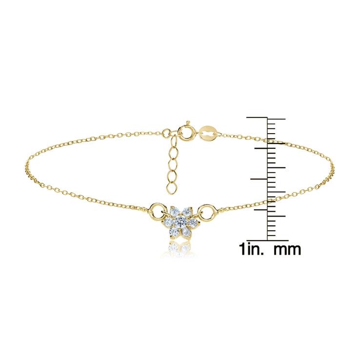 Gold Tone over Sterling Silver Cubic Zirconia Flower Chain Anklet