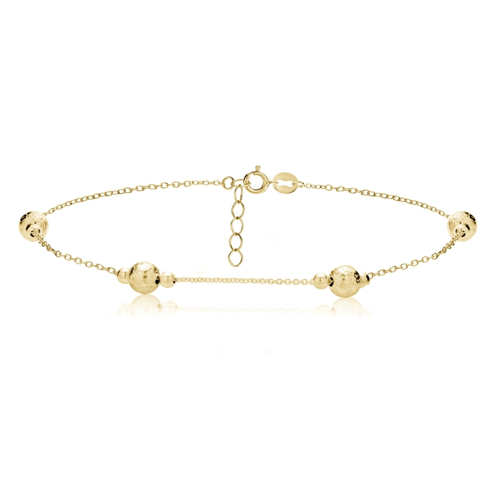 Gold Tone over Sterling Silver Textured and Polished Round Beads Chain Anklet