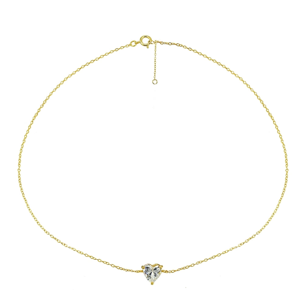 Yellow Gold Flashed Sterling Silver Cubic Zircnoia Heart Solitaire Chain Anklet