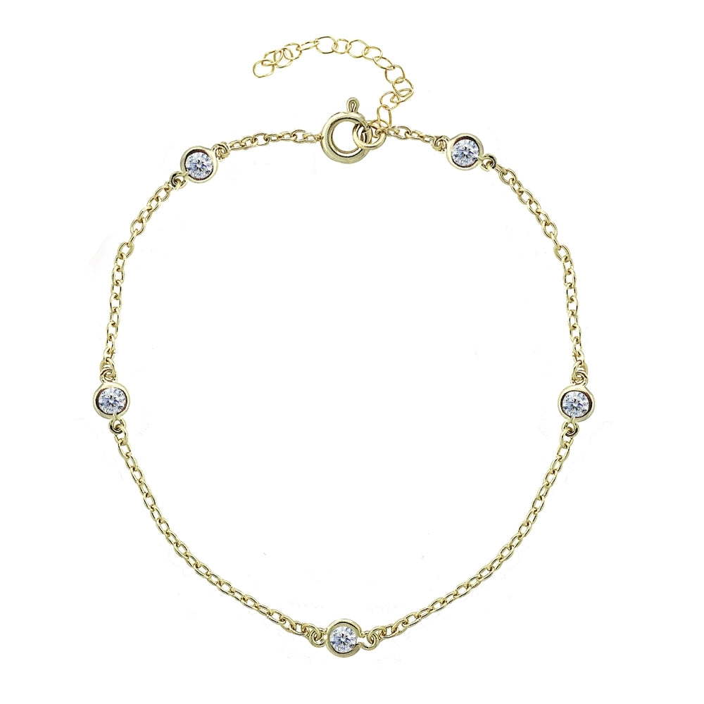 Yellow Gold Flashed Sterling Silver CZ Station Dainty Chain Anklet