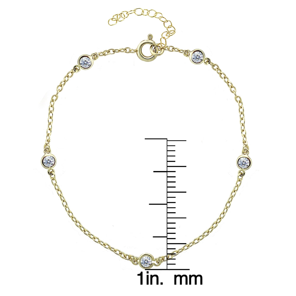 Yellow Gold Flashed Sterling Silver CZ Station Dainty Chain Anklet-3