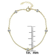 Yellow Gold Flashed Sterling Silver CZ Station Dainty Chain Anklet