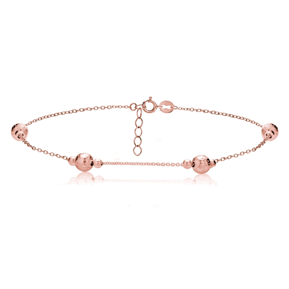 Rose Gold Tone over Sterling Silver Textured and Polished Round Beads Chain Anklet