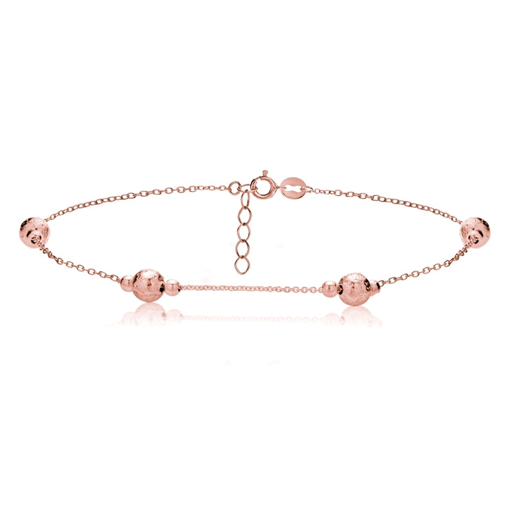 Rose Gold Tone over Sterling Silver Textured and Polished Round Beads Chain Anklet