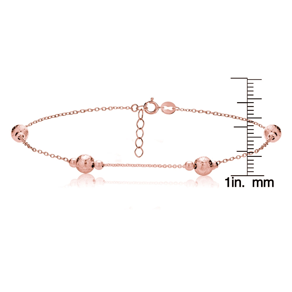 Rose Gold Tone over Sterling Silver Textured and Polished Round Beads Chain Anklet-3