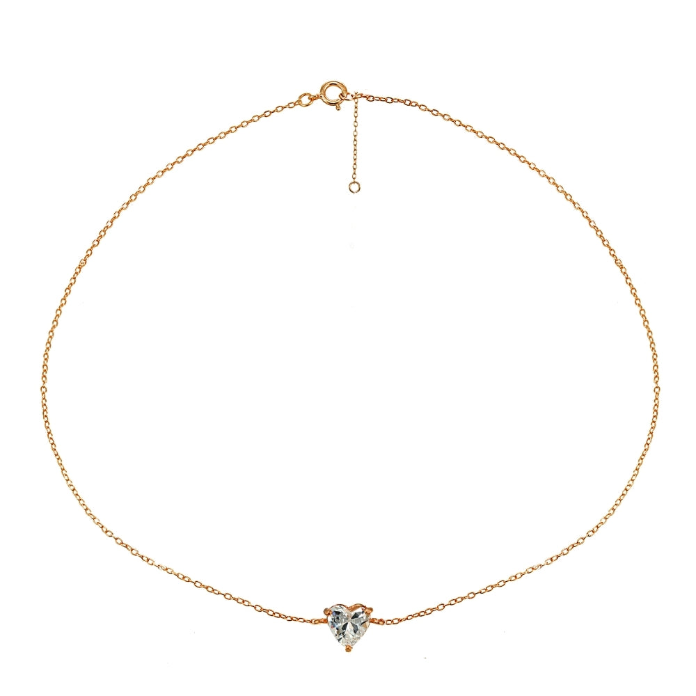 Rose Gold Flashed Sterling Silver Cubic Zircnoia Heart Solitaire Chain Anklet