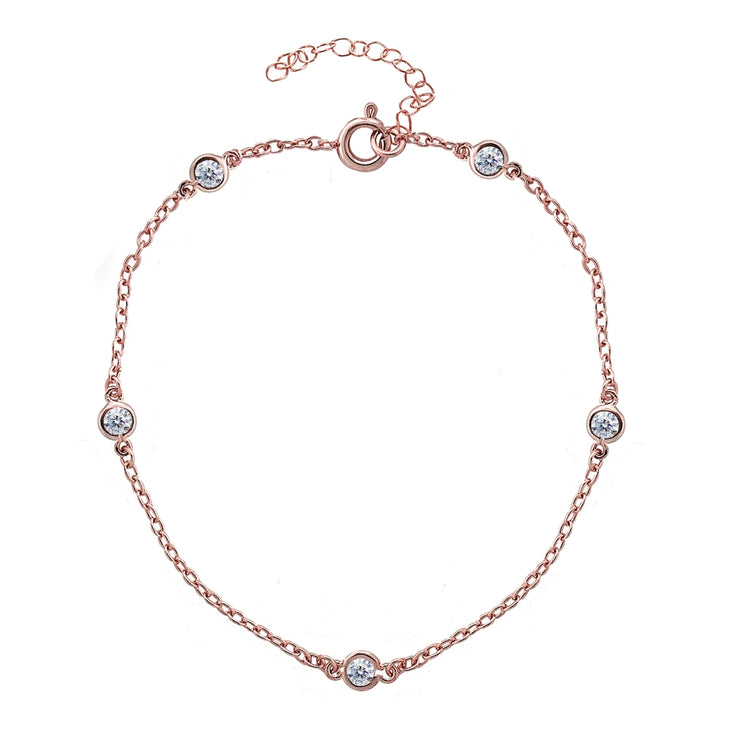 Rose Gold Flashed Sterling Silver CZ Station Dainty Chain Anklet