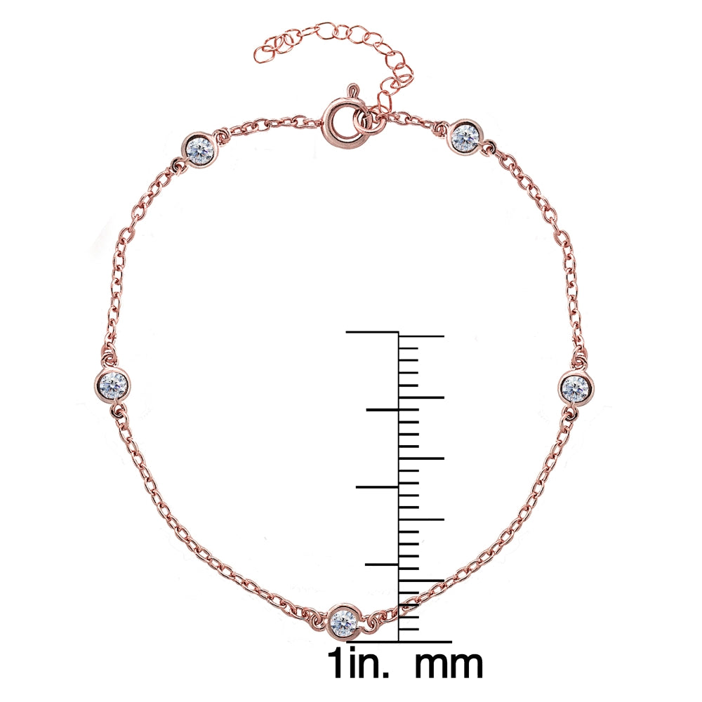 Rose Gold Flashed Sterling Silver CZ Station Dainty Chain Anklet-3