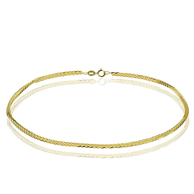 14K Yellow Gold .8mm Spiga Wheat Italian Chain Anklet, 9 Inches