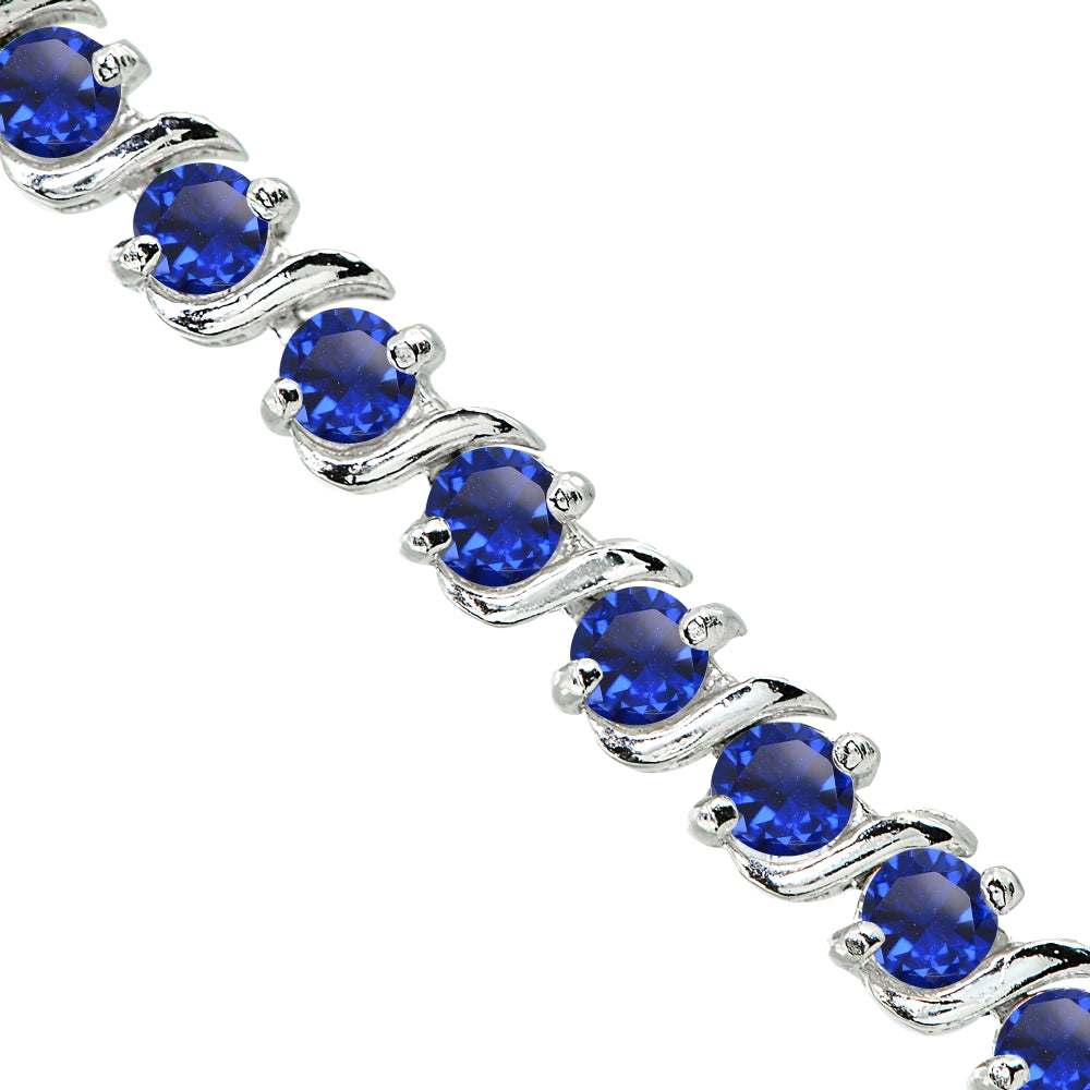 Sterling Silver Created Blue Sapphire S Design Bar Classic Tennis Bracelet-2