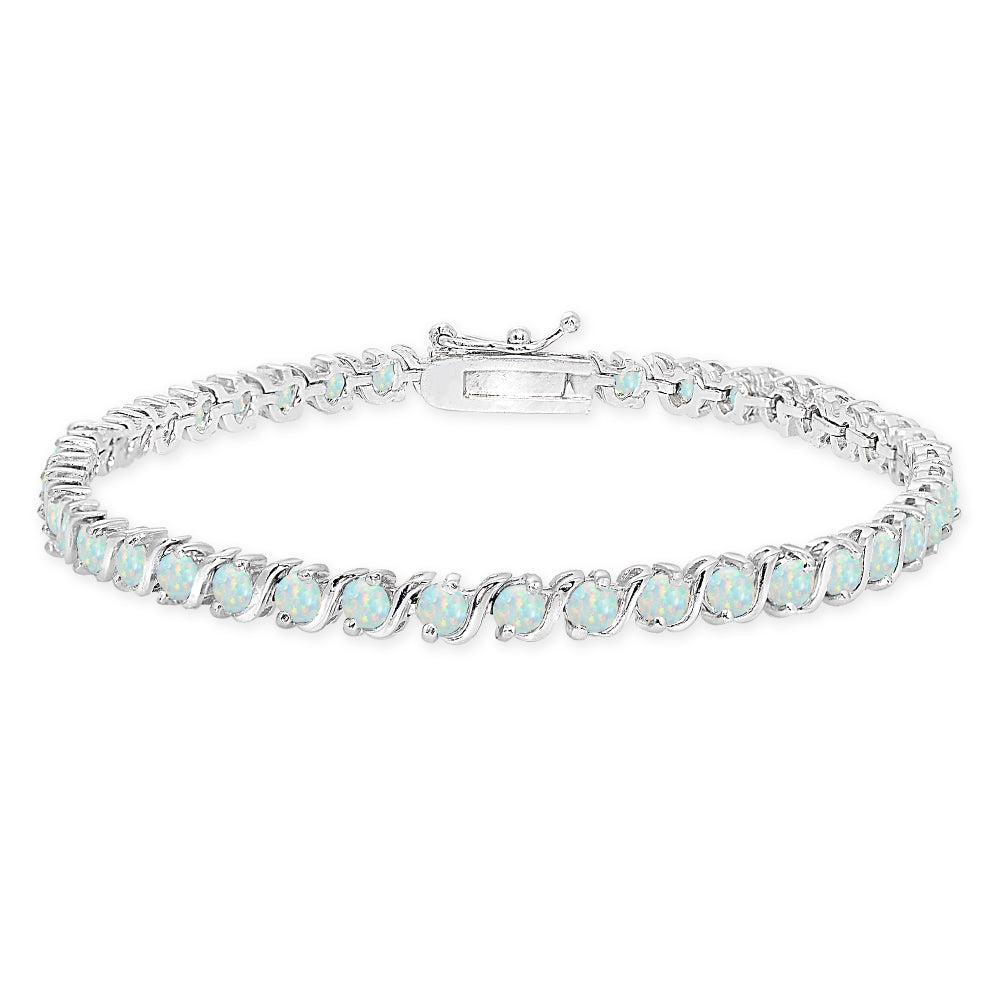 Sterling Silver Created White Opal S Design Bar Classic Tennis Bracelet