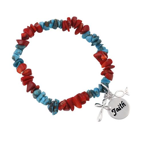 Sterling Silver Turquoise & Coral Chip Inspirational Stretch Bracelet