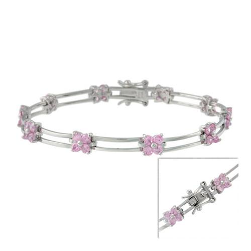 Sterling Silver Pink CZ Flower Link Bracelet
