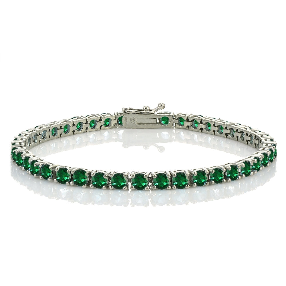 Sterling Silver 8.5ct Created Emerald 4mm Round Tennis Bracelet