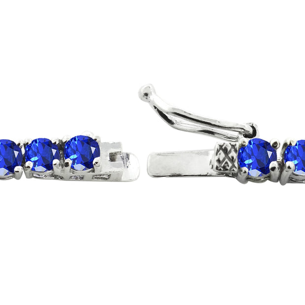 Sterling Silver Created Blue Sapphire 4mm Round Classic Tennis Bracelet