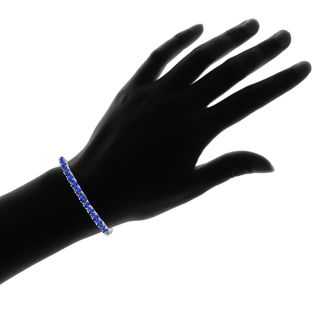 Sterling Silver Created Blue Sapphire 4mm Round Classic Tennis Bracelet-3