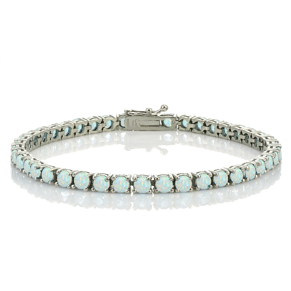 Sterling Silver 4.3ct Created White Opal 4mm Round Tennis Bracelet
