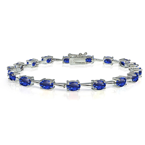 Sterling Silver Created Blue Sapphire 6x4mm Oval Classic Link Tennis Bracelet
