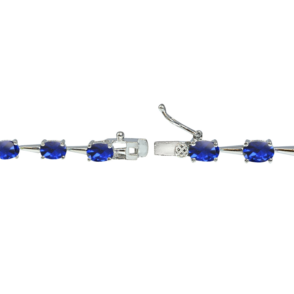Sterling Silver Created Blue Sapphire 6x4mm Oval Classic Link Tennis Bracelet-2