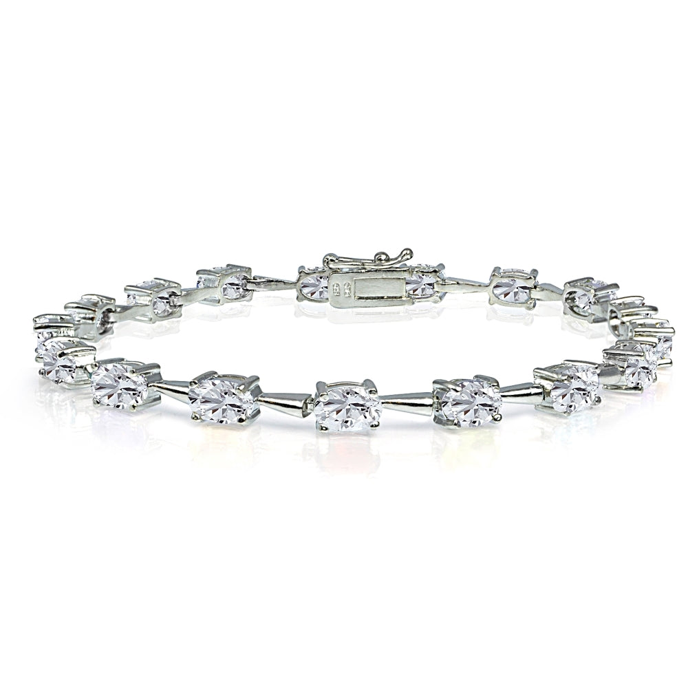 Sterling Silver Created White Sapphire 6x4mm Oval Classic Link Tennis Bracelet