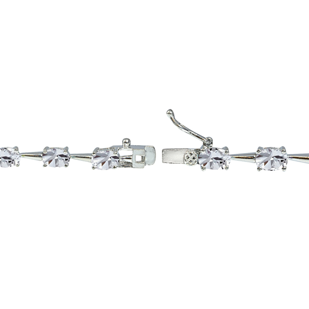 Sterling Silver Created White Sapphire 6x4mm Oval Classic Link Tennis Bracelet-2
