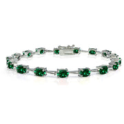 Sterling Silver Created Emerald 6x4mm Oval Classic Link Tennis Bracelet