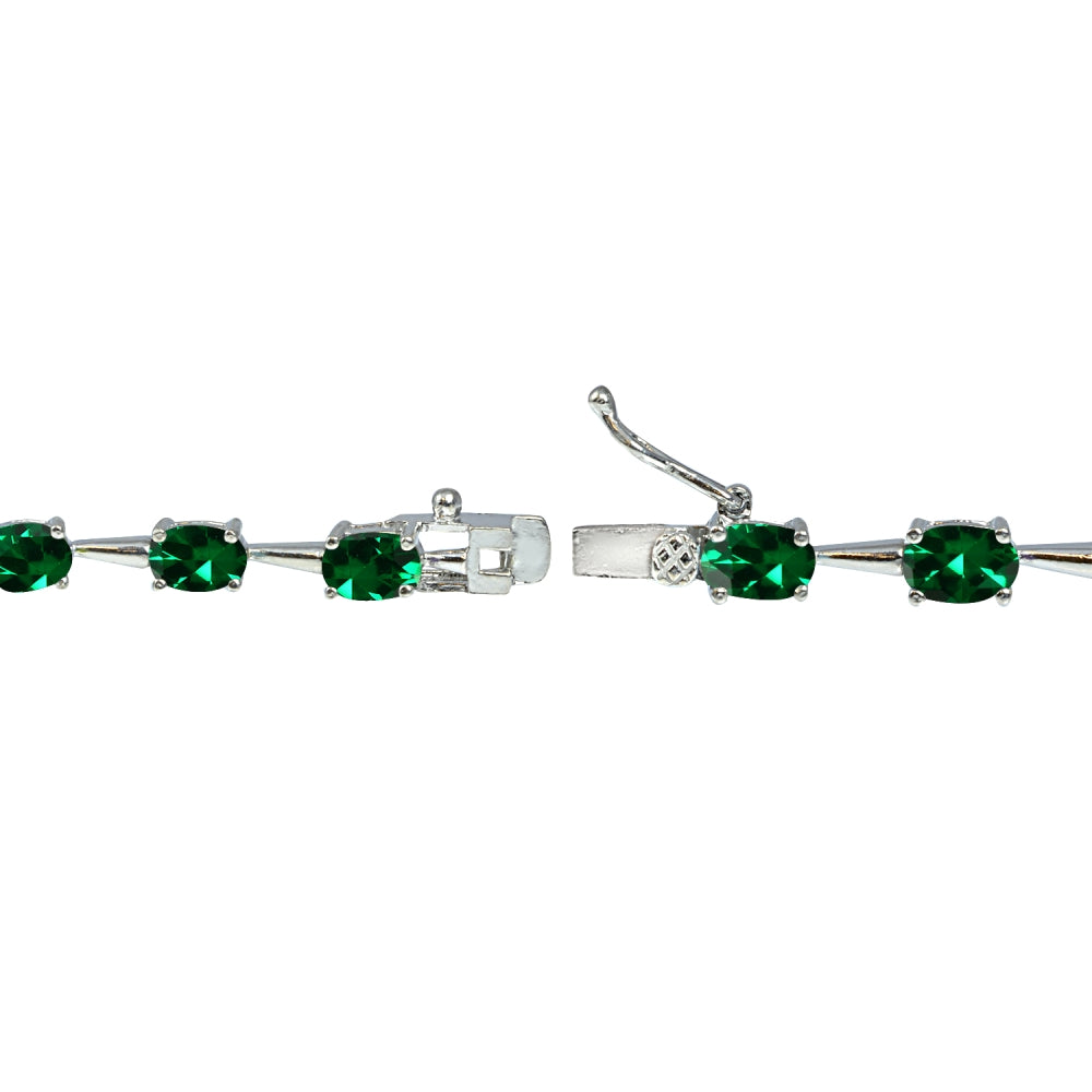 Sterling Silver Created Emerald 6x4mm Oval Classic Link Tennis Bracelet-2