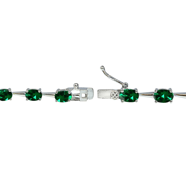 Sterling Silver Created Emerald 6x4mm Oval Classic Link Tennis Bracelet