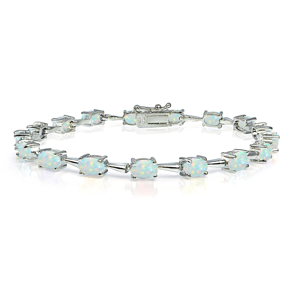 Sterling Silver Created White Opal 6x4mm Oval Classic Link Tennis Bracelet